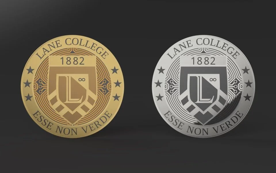 Gold and silver medals with the text 'Lane College 1882 Esse Non Verde' and a shield with the letter 'L' and the infinity symbol.