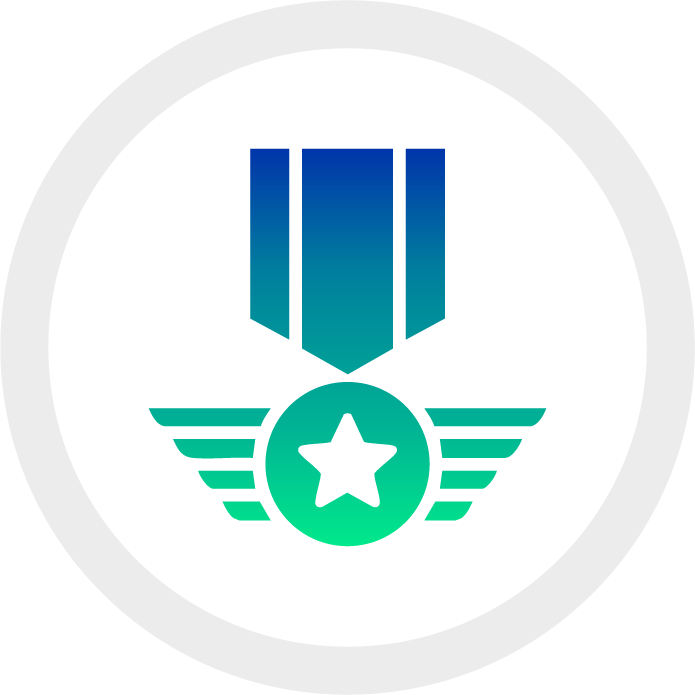 Medal with a star in the center and wings on either side, featuring a gradient blue and green color scheme.