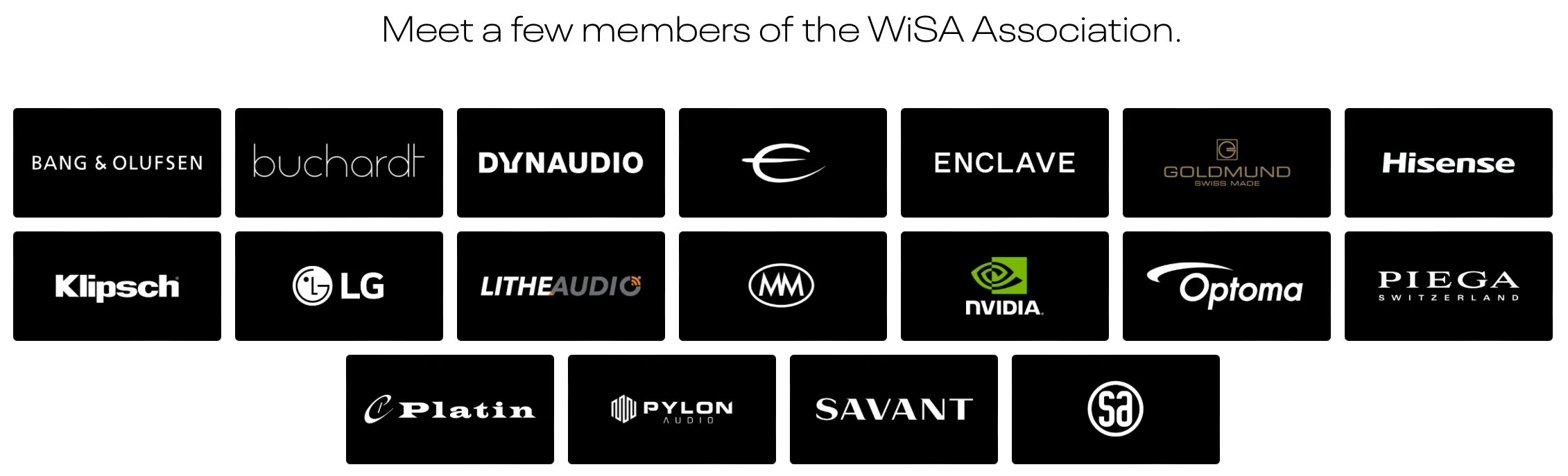 Logos of various electronic and audio brands, including Bang & Olufsen, Buchardt, Dynaudio, Enclave, Goldmund, Hisense, Klipsch, LG, Lithe Audio, MM, NVIDIA, Optoma, Piega, Platin, Pylon Audio, Savant, and SA, arranged in a grid with the text 'Meet a few members of the WiSA Association' at the top.