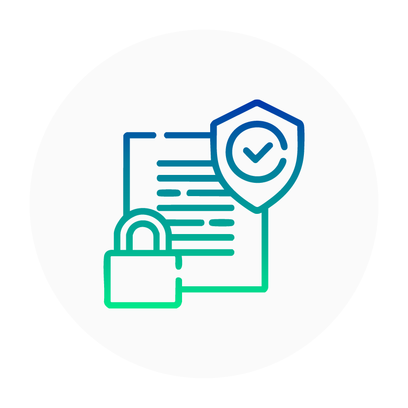 Icon of a document with a shield and checkmark, and a padlock, representing security and protection of information.