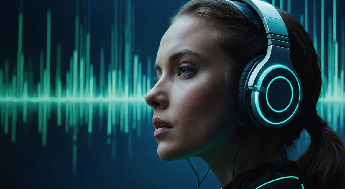 A young woman with brown hair wearing large headphones, looking to the left with a digital audio wave in the background.