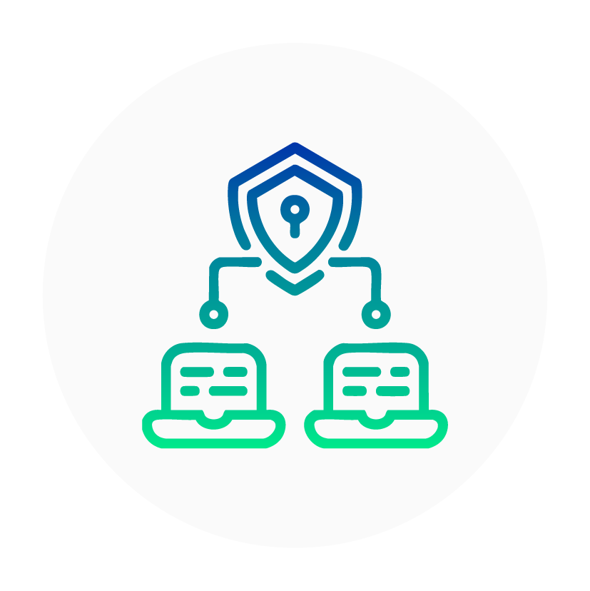 Icon of a shield with a keyhole, connected to two laptops, symbolizing cybersecurity or data protection.