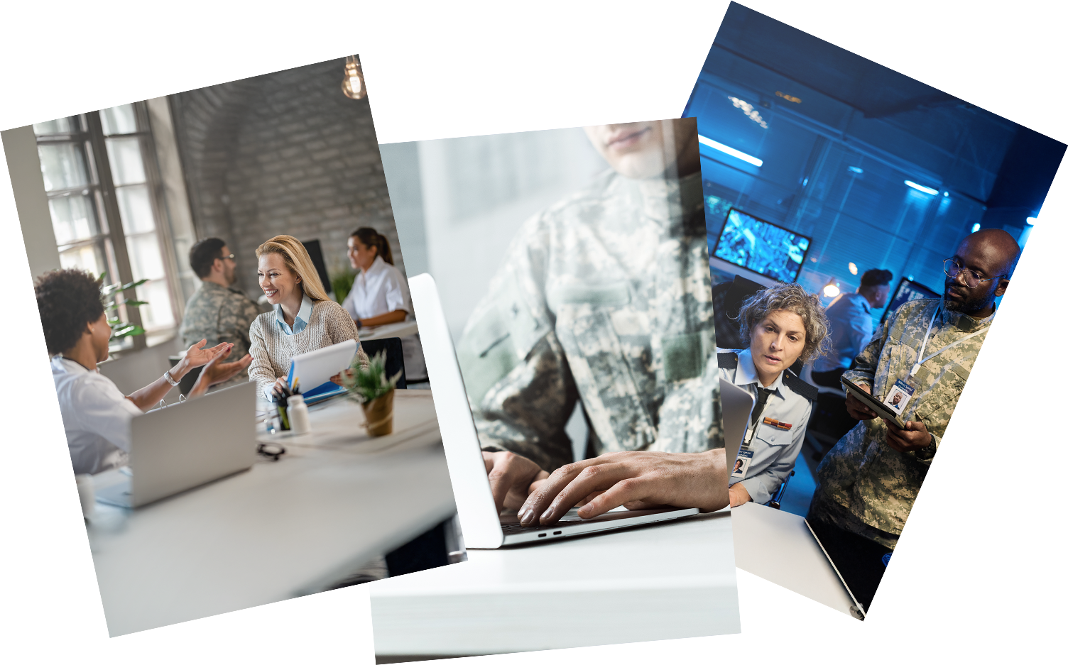 Collage of diverse professionals working in an office, military, and control room environment.