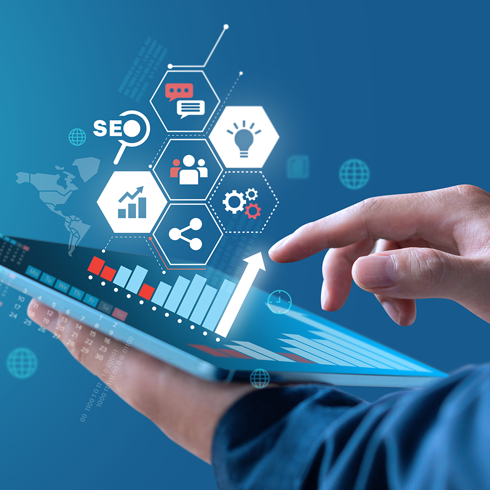 A person's hand interacts with a digital tablet displaying icons related to SEO, analytics, communication, and data visualization, with upward arrow indicating growth.