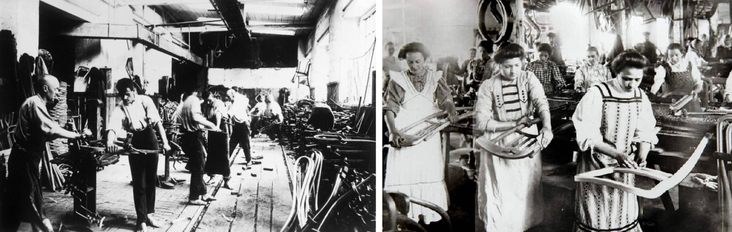 Victorian-era Thonet factory showing the industrial production of bentwood chairs, reflecting the rise of mass-produced furniture and modern manufacturing in the nineteenth century.