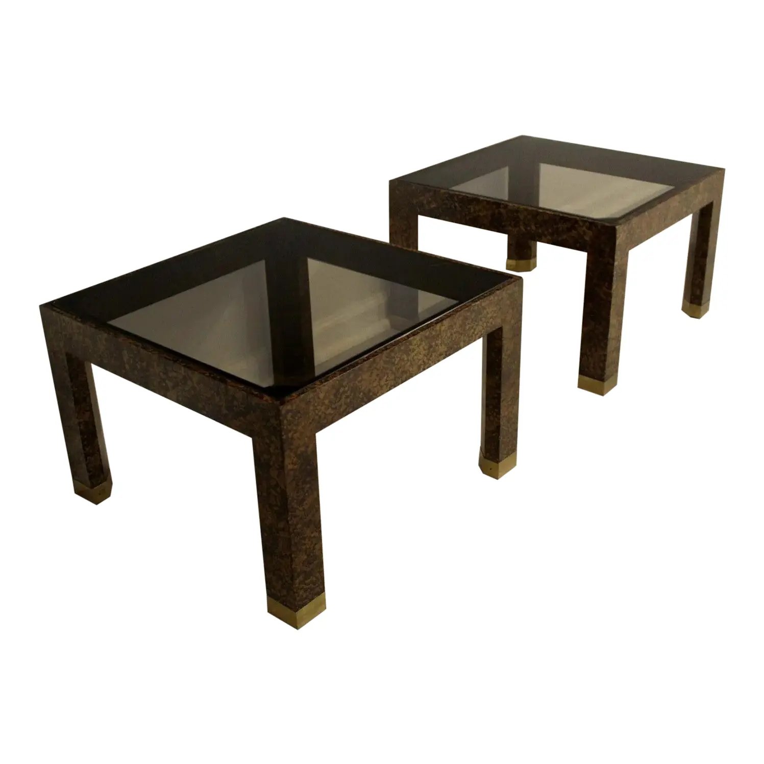 Henredon Faux Tortoise Shell Smoked Glass Pair of End Tables