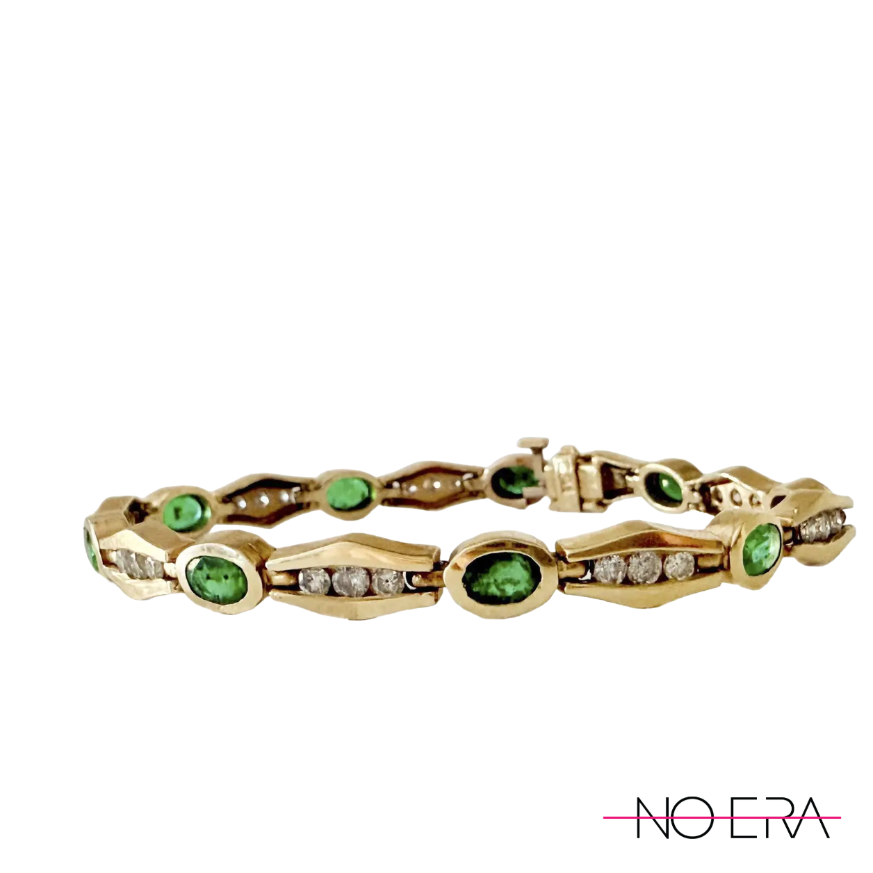 Vintage 14k Yellow Gold Emerald & Diamond Bar-Link Bracelet