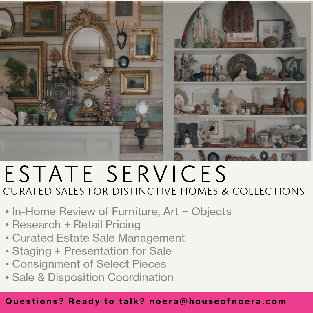 Specialized estate services for distinctive homes and collections, including in-home review of furniture, art and objects, retail market research and pricing, curated estate sale management, staging and presentation, consignment, and sale and disposi