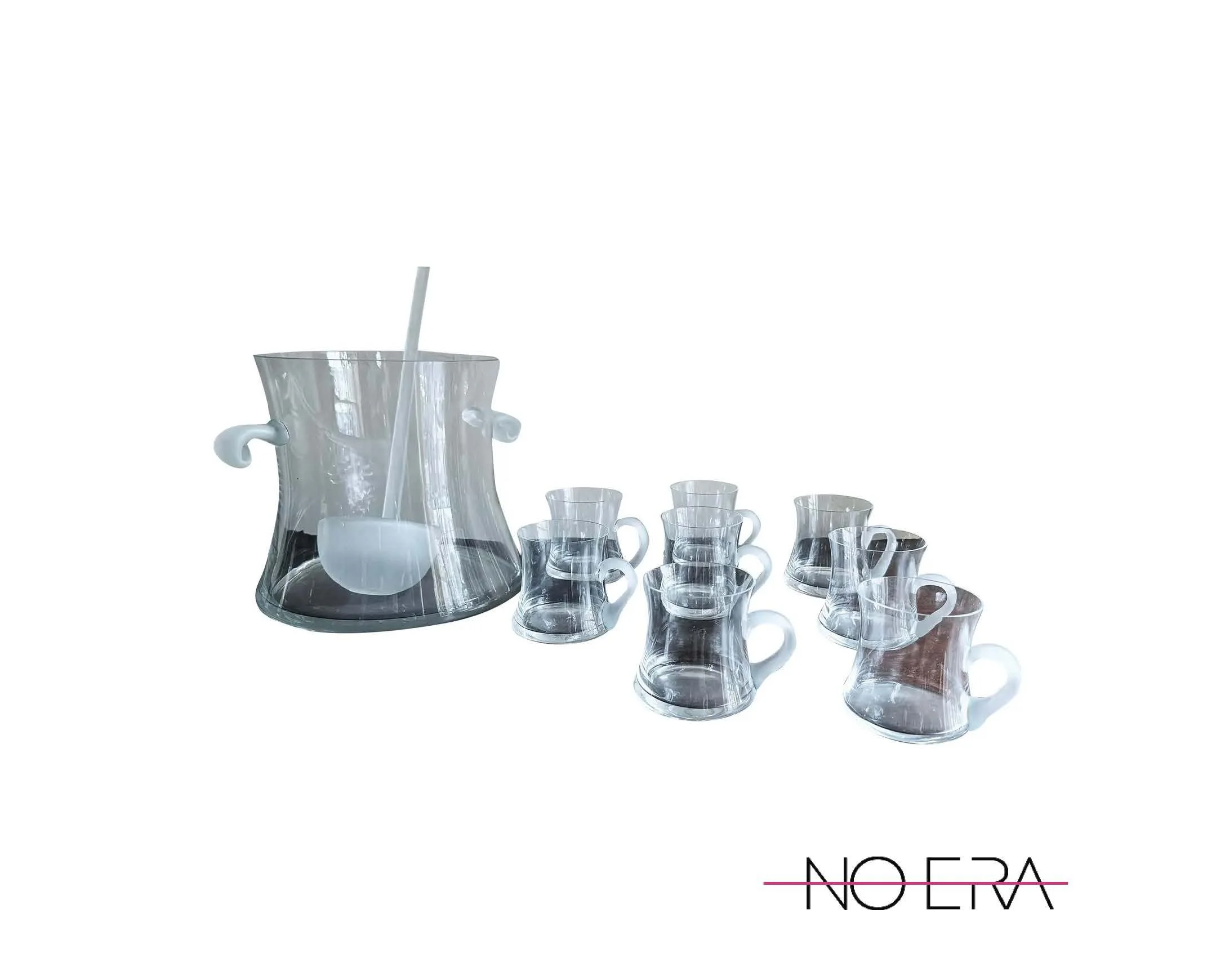 Vintage Postmodern Glass Punch Bowl Set With Frosted Accents, Handles, and Ladle