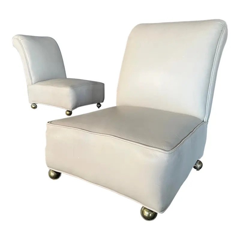 Pair of 1950s White Italian Leather Club Chairs on Casters