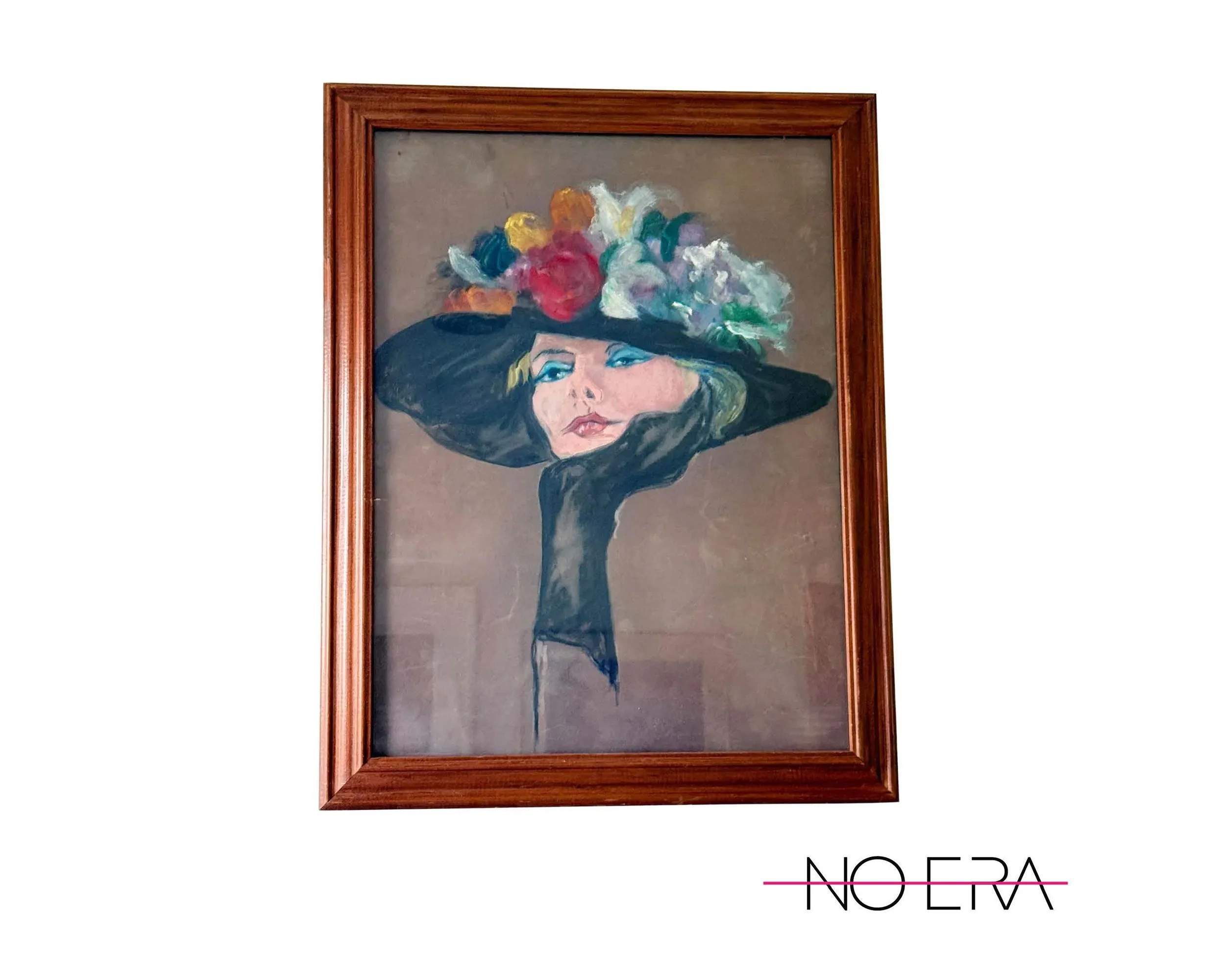Vintage Fashion Illustration Style Pastel Portrait of Woman in Black Hat, 1980s