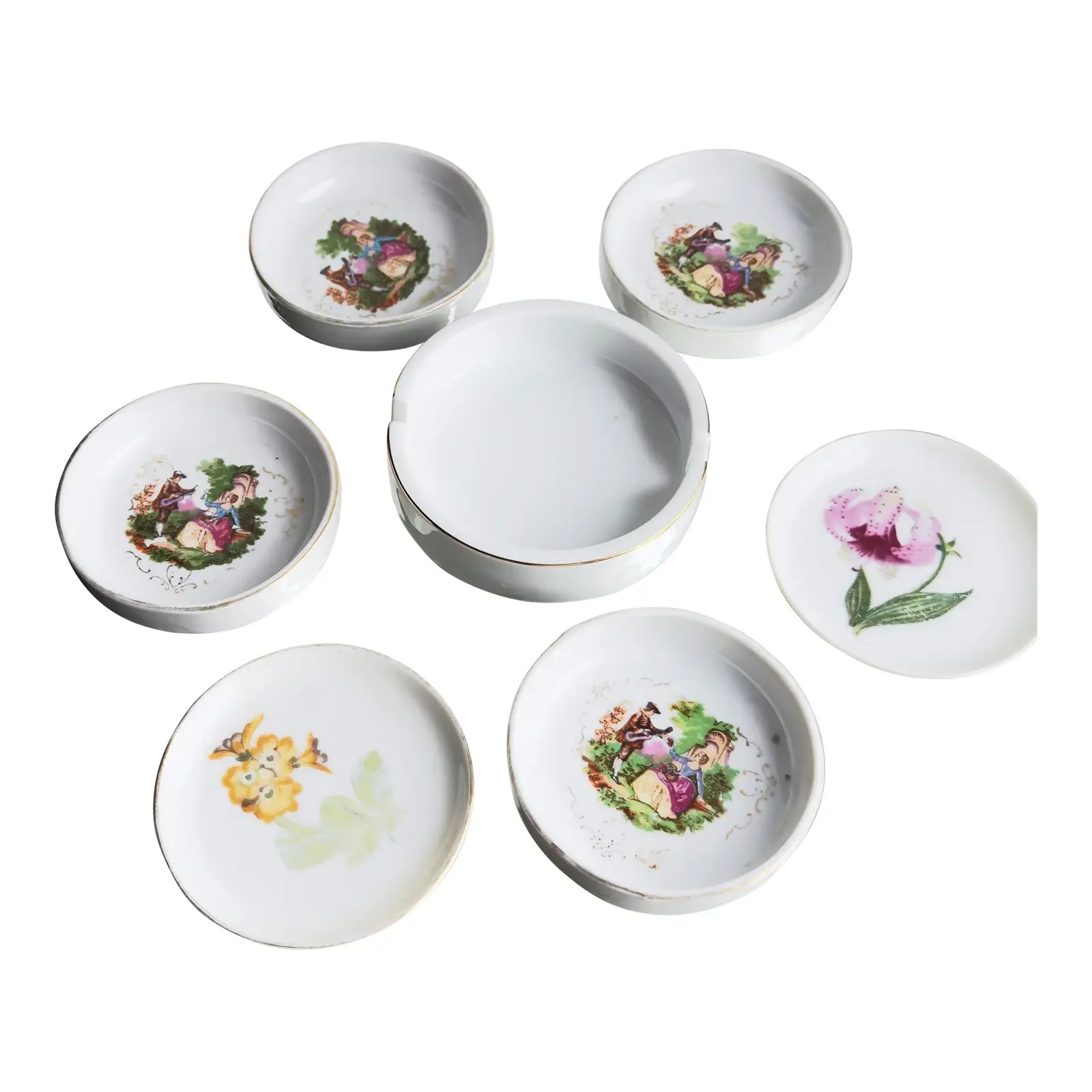 Intage Japanese & European Porcelain Tabletop Set – Floral Rococo Coasters, Tea Bag Holders & Ashtray