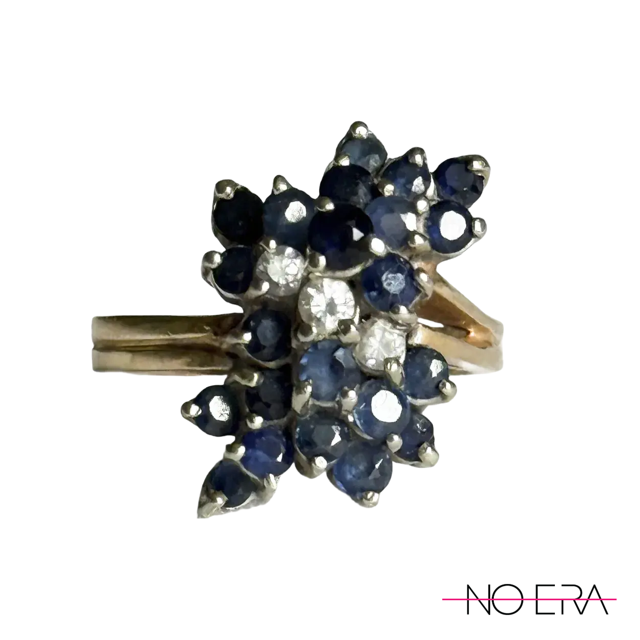 Vintage 14k Yellow Gold Victorian Revival Sapphire & Diamond Waterfall Cluster Ring