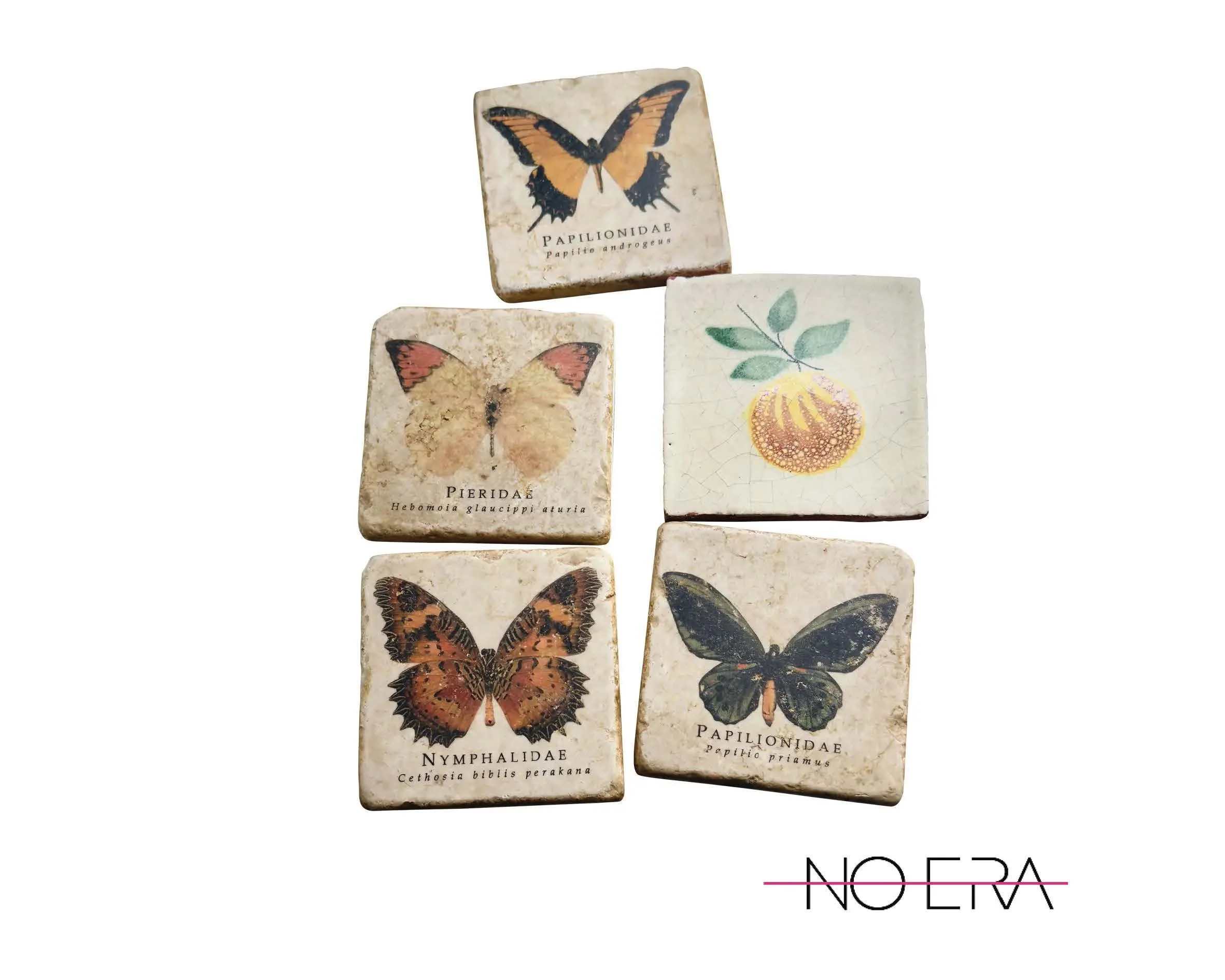 Vintage Late 20th Century Italian Marble Coasters With Butterfly and Botanical Illustrations - Set of 5