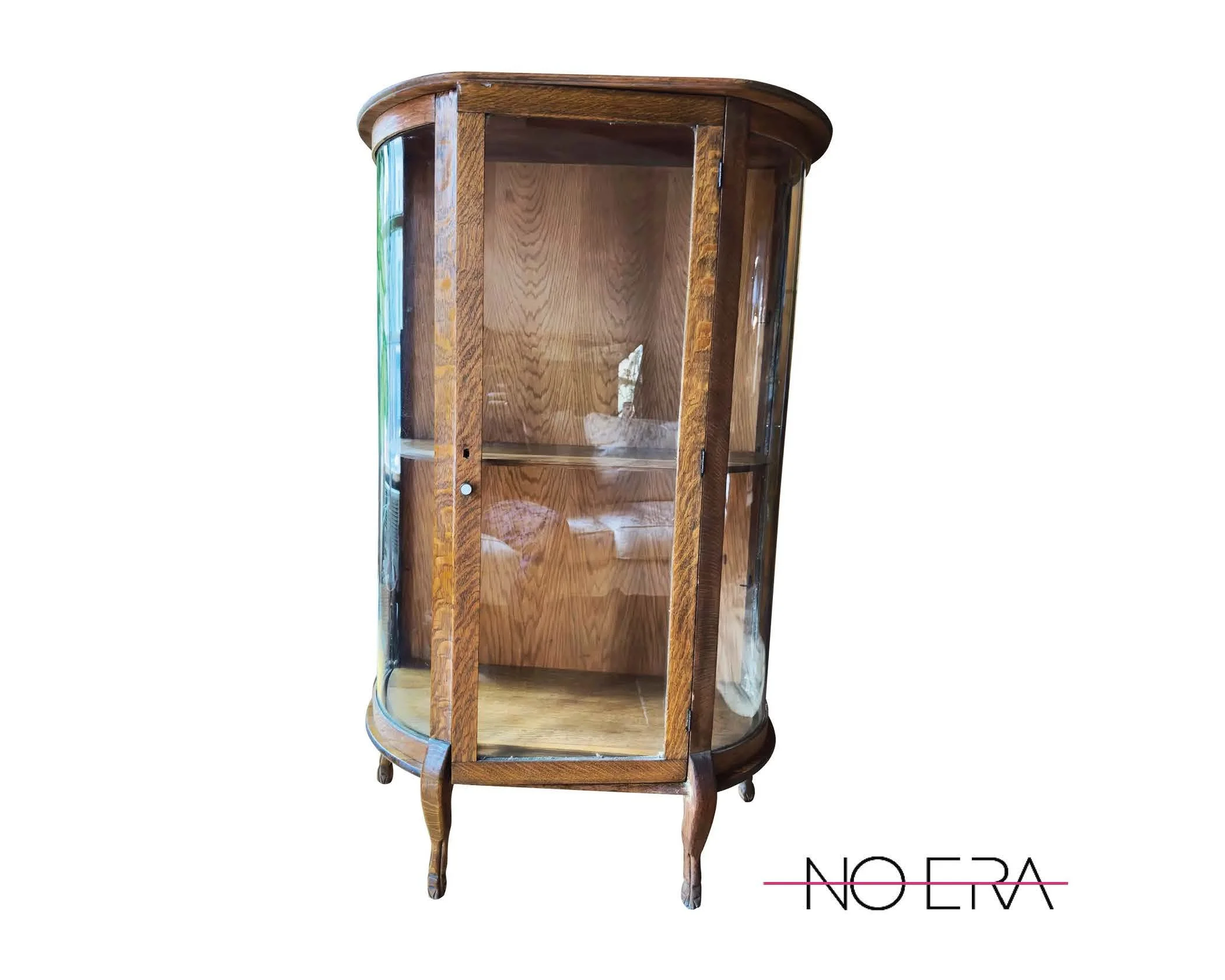 Antique American Oak Curved Glass China Cabinet, Late Victorian / Edwardian