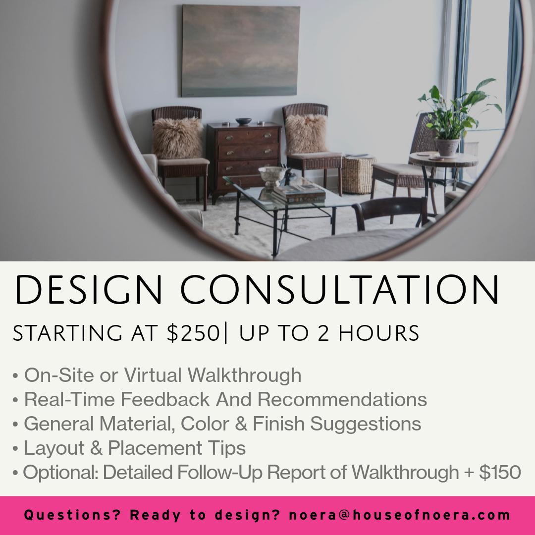 Personalized interior design consultation for clients seeking expert guidance on layout, color, furniture, decor, and overall direction for a space. Available virtually or in person depending on location and scope.
