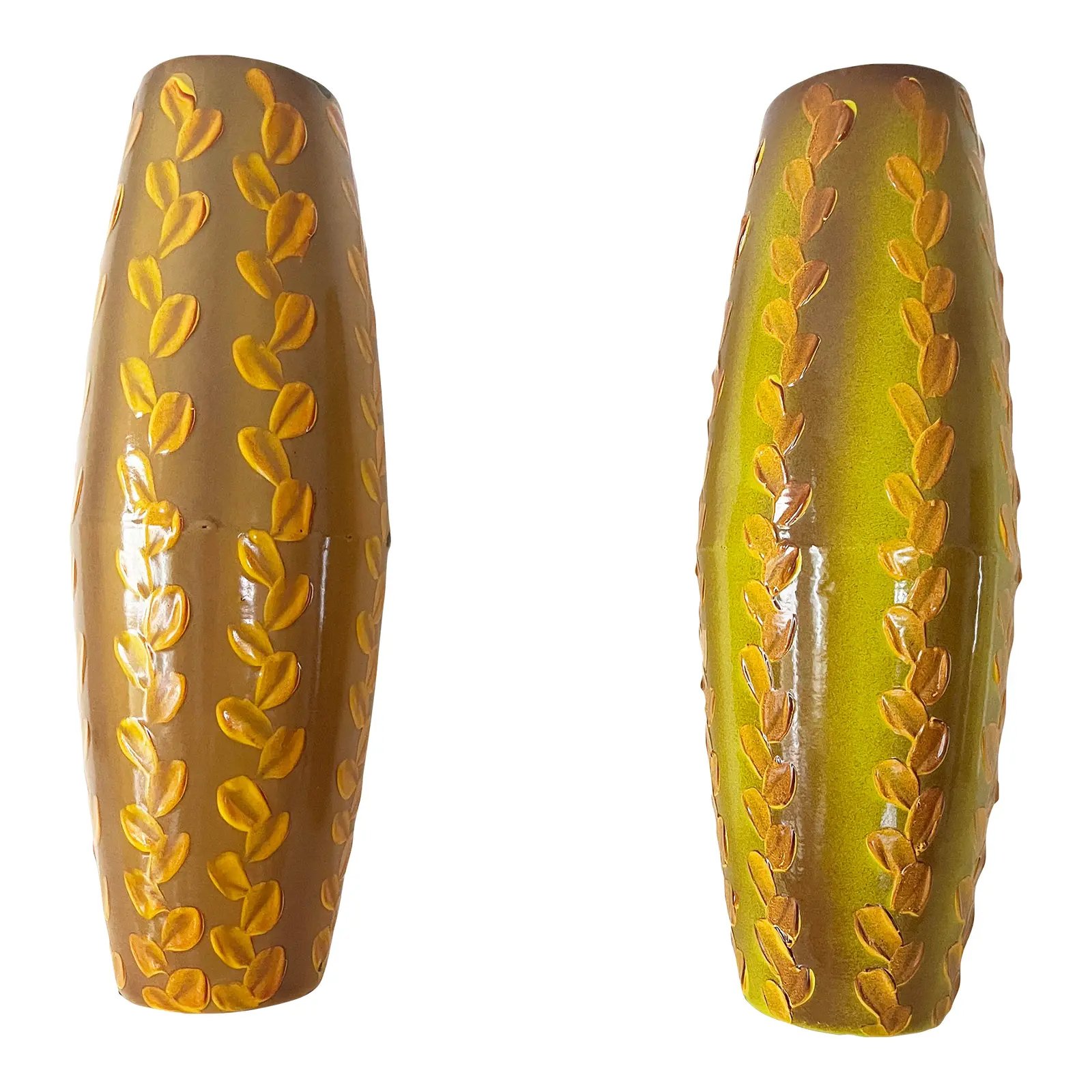 Pair of 1970s Glazed Leaf Vases by Zamoar Metalworks
