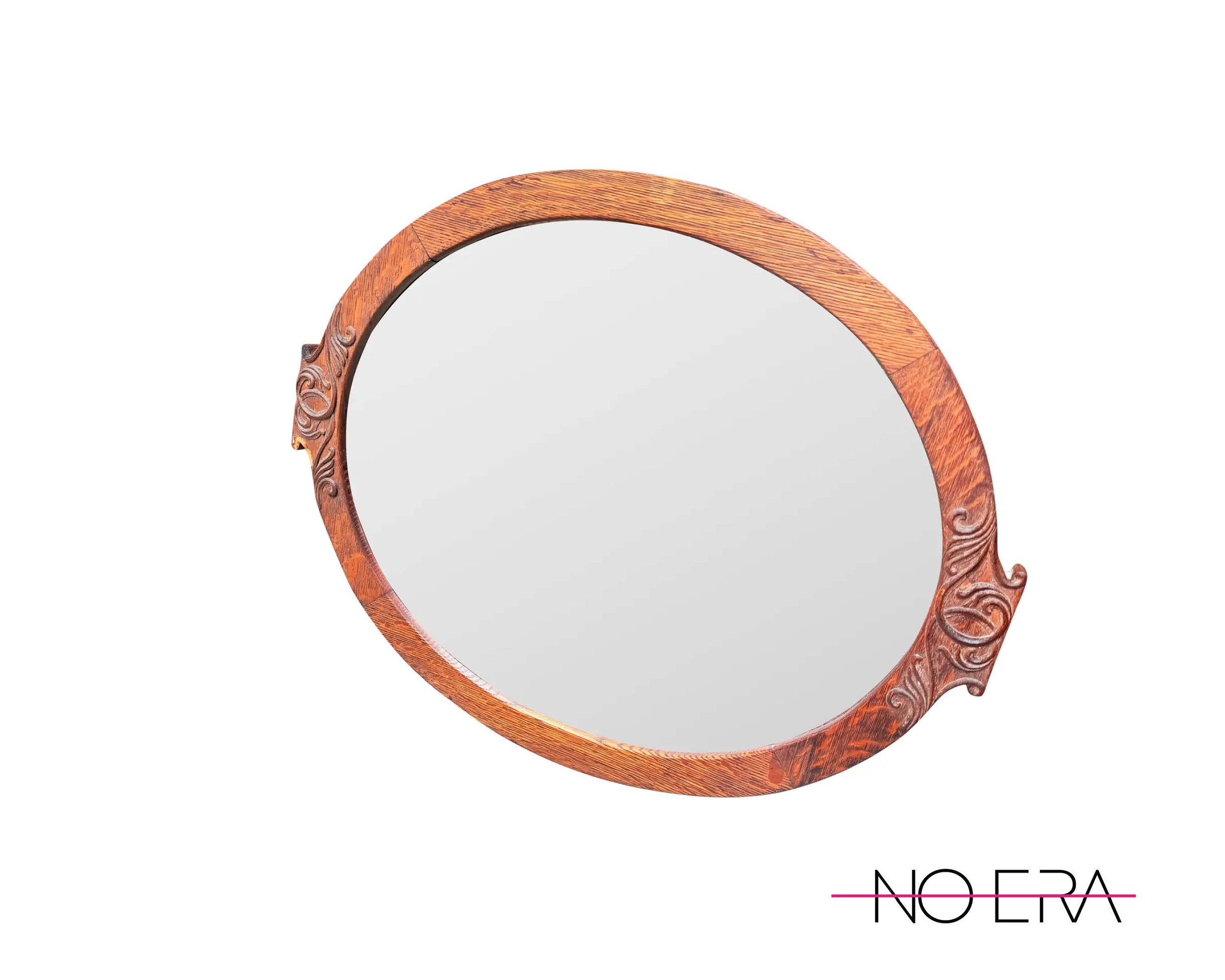 Antique Early 20th Century Victorian/ Arts & Crafts Style Oak Oval Wall Mirror