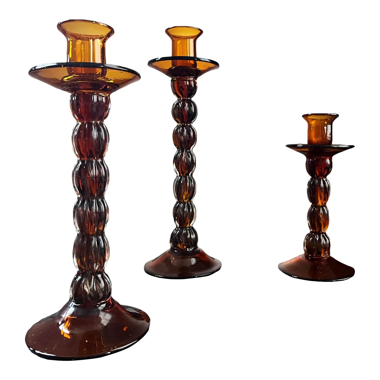 1980s Mid-Century Modern Style Amber Glass Candle Holders