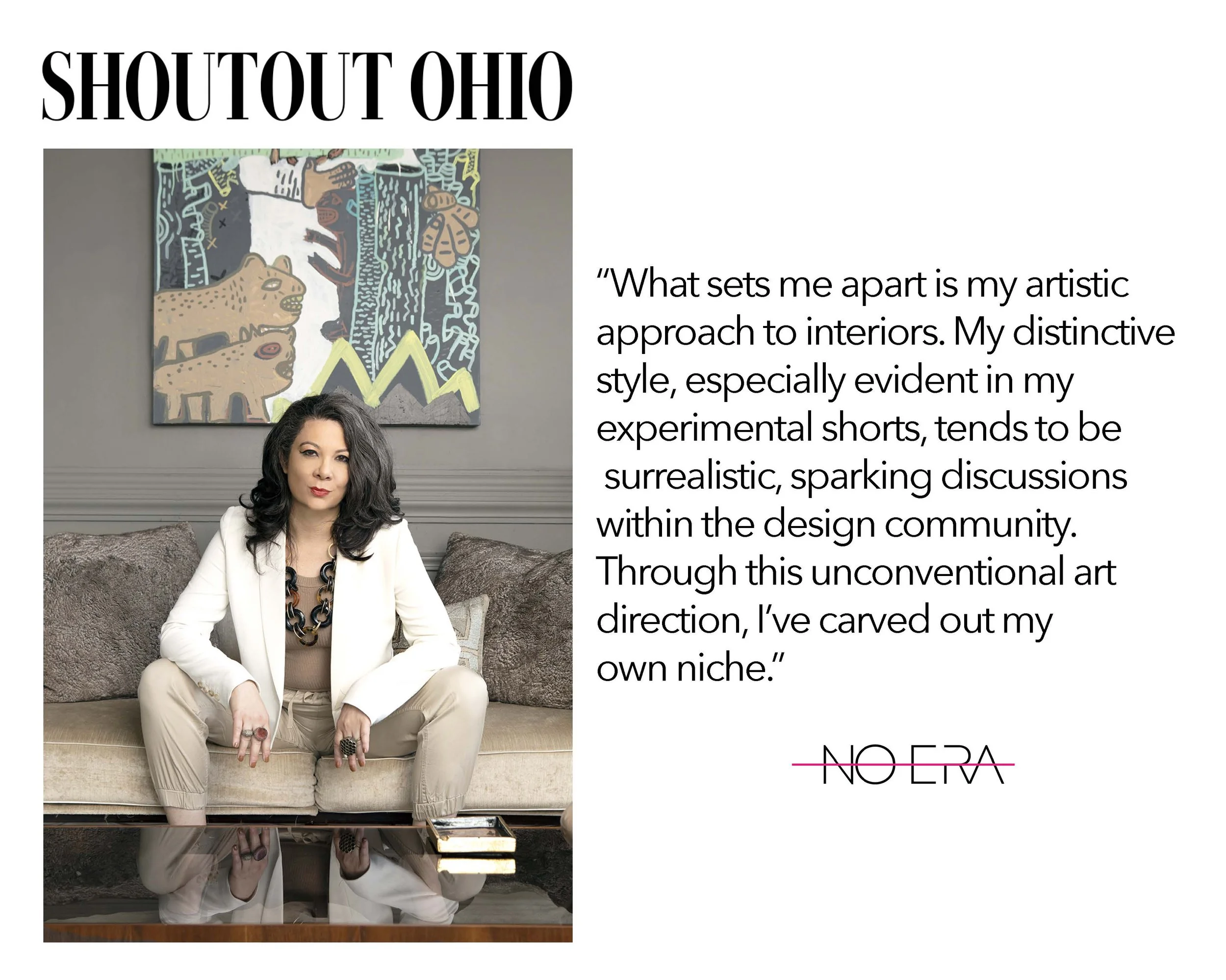 House of No Era founder Carly Sioux featured in Shout Out Ohio, discussing her distinctive artistic approach to interiors, surrealist experimental shorts, and unconventional art direction that has established a unique niche within the design communit