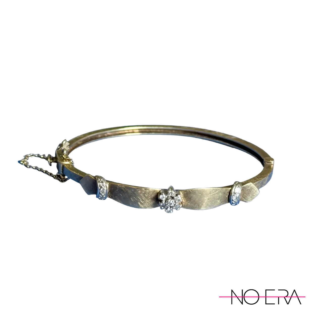 Mid Century 18k Yellow Gold Florentine Finish Diamond and Crescent Bangle Bracelet