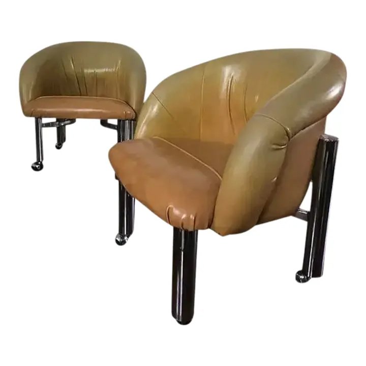 Pair of 1970s Post-Modern Vinyl & Chrome Lounge Chairs Attributed to Milo Baughman