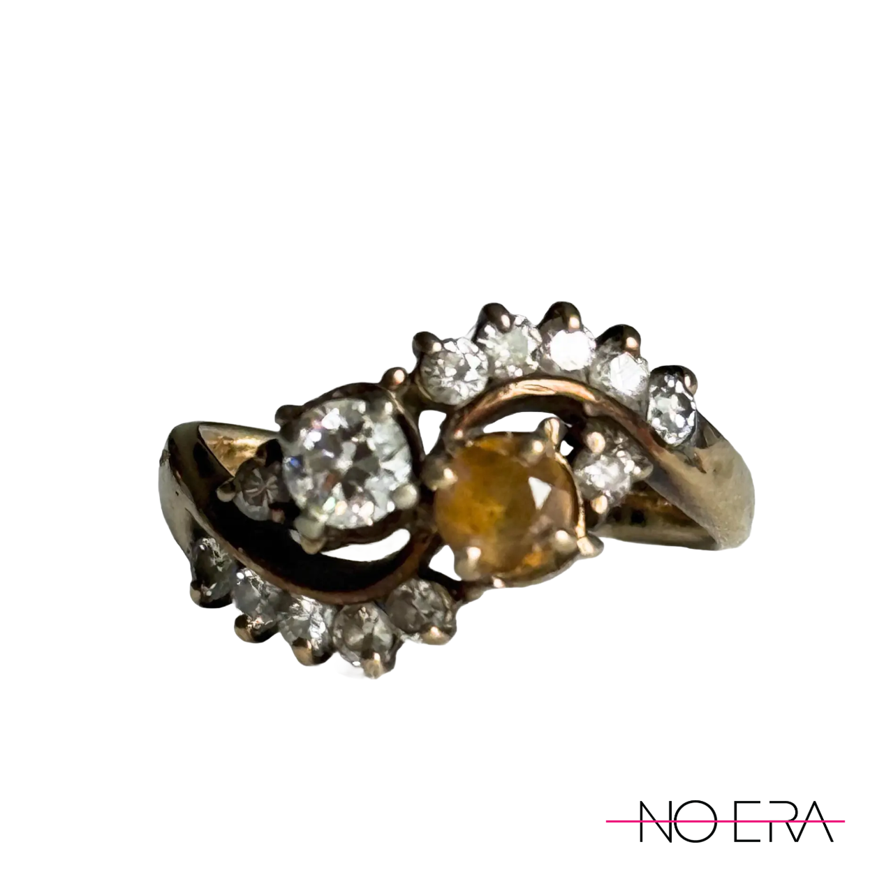 Vintage 14k Yellow Gold Victorian Revival Golden Beryl & Diamond Bypass Cocktail Ring