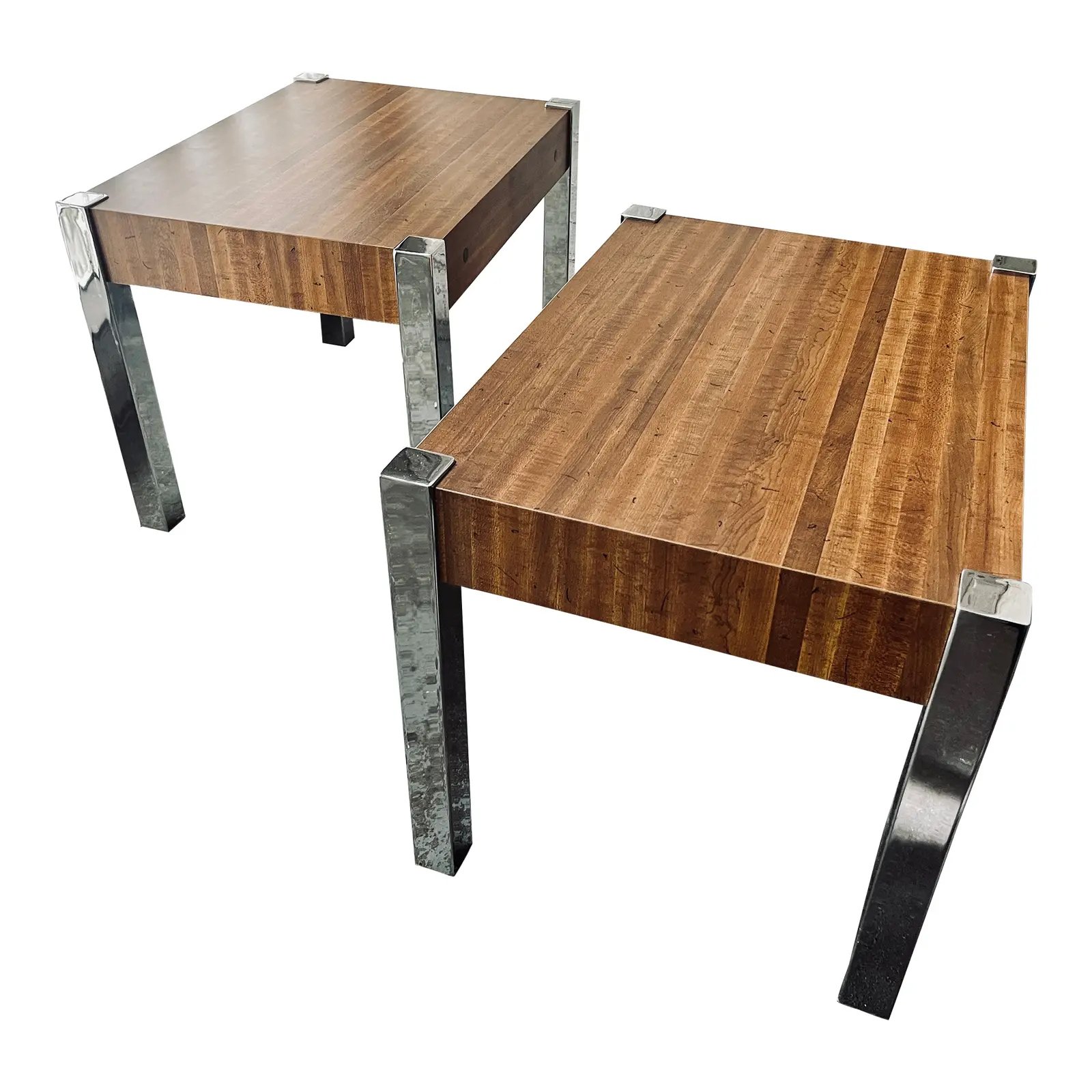 Pair of 1970s Industrial Laminate Wood & Chrome Side Tables