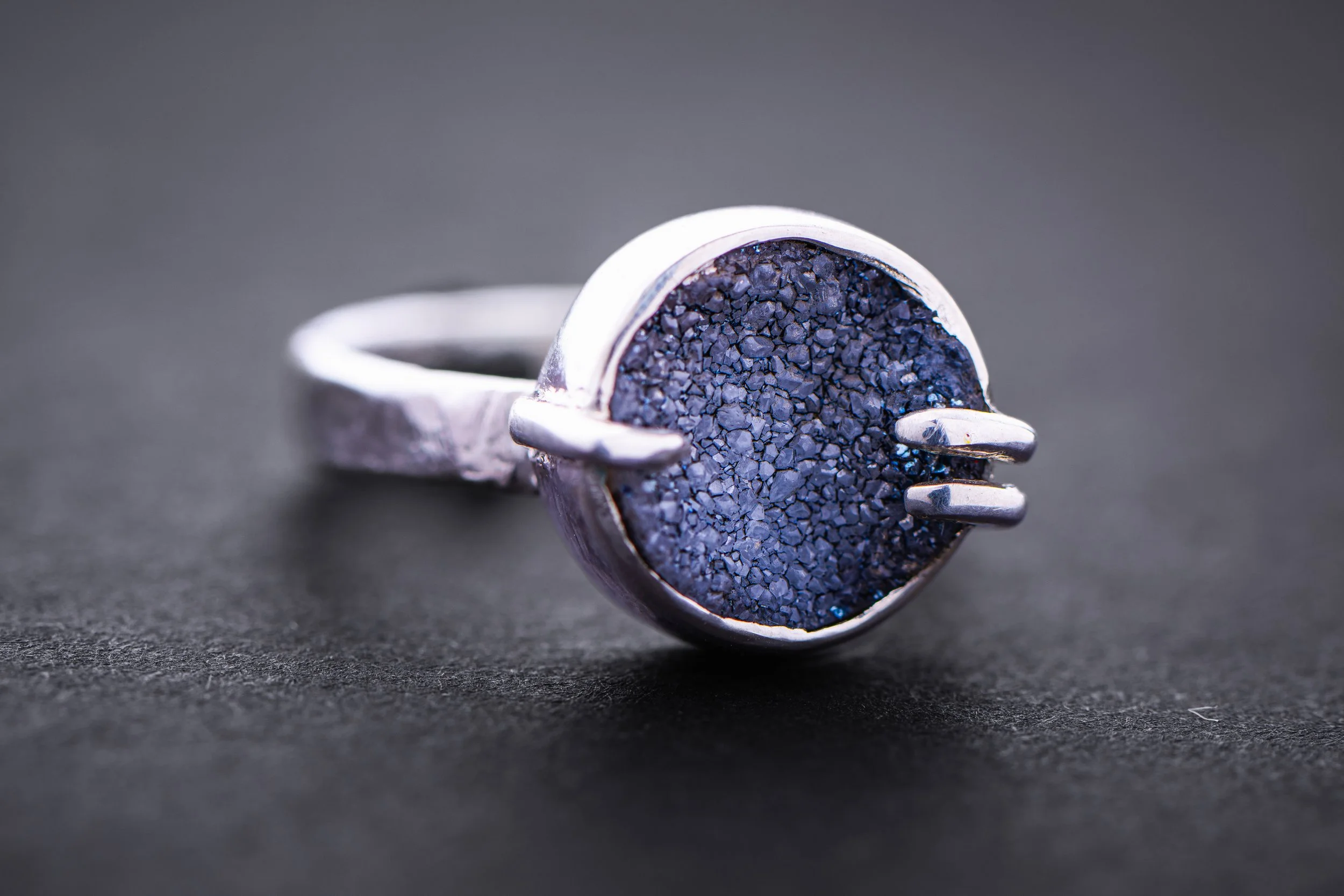 Ring - Asymmetrical Prong Ring in Smoky Quartz Druzy MACRO 1.jpg