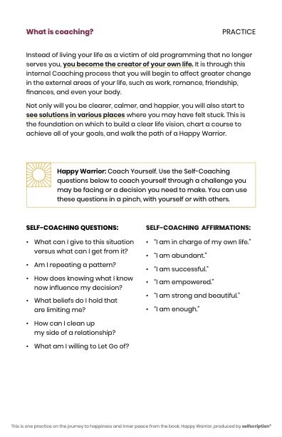 Embrace your happiness and inner peace and live a life you love with Happy Warrior... the book, pdfs, meeting book, session book, divorce book, and Happy Warrior Coaching.