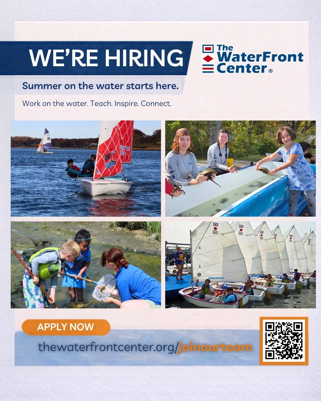 The WaterFront Center is hiring for the upcoming season in Oyster Bay, NY:

Summer Sailing Instructors (Opti, C420, Sonar)
Adult Sailing Instructors
High School Sailing Coaches
Outdoor Educator
Launch Driver
Front Desk Representative
Seasonal Waterfr