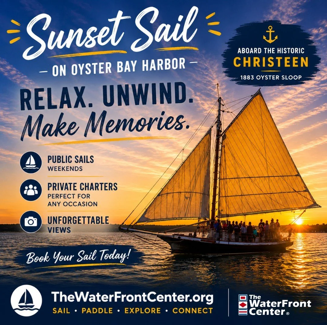 Your Weekend Plans: Sunset on Oyster Bay Harbor
Skip the crowds.
Watch the sunset from the deck of CHRISTEEN.
Book your sail today.

TheWaterFrontCenter.org