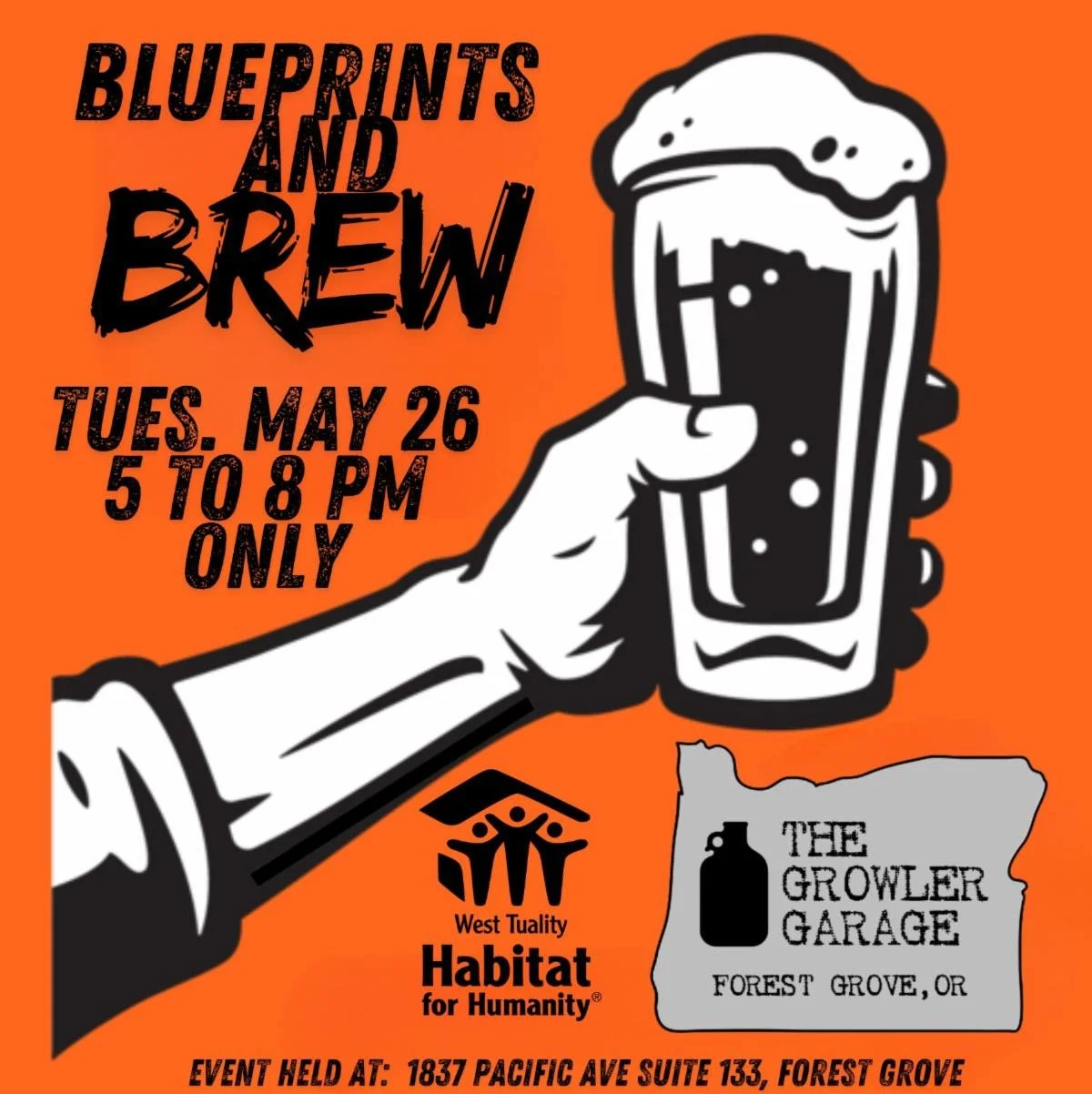 An image of a hand holding up a glass of foamy beer. The information about the event surrounds the image.