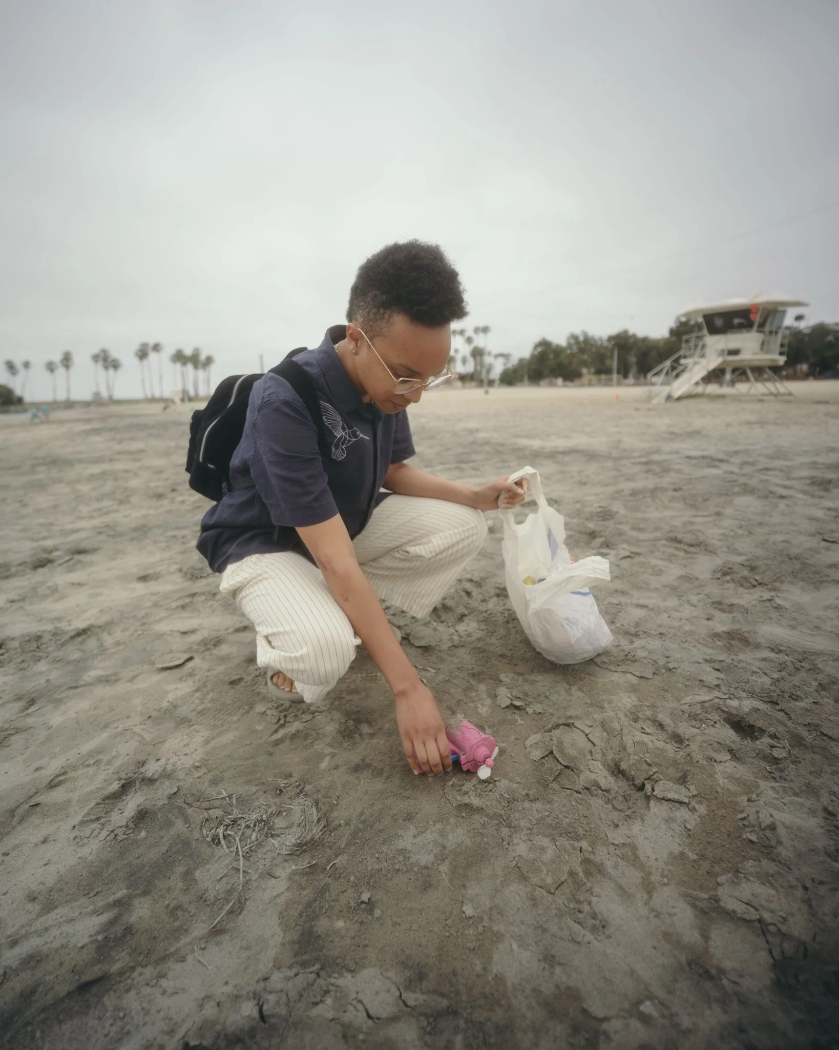 Schessa Garbutt collects beach trash at Cabrillo Beach in Long Beach, CA to create “Plastocene (eco-spiritual no. 2)” Photo by William Rouse.  (2025)