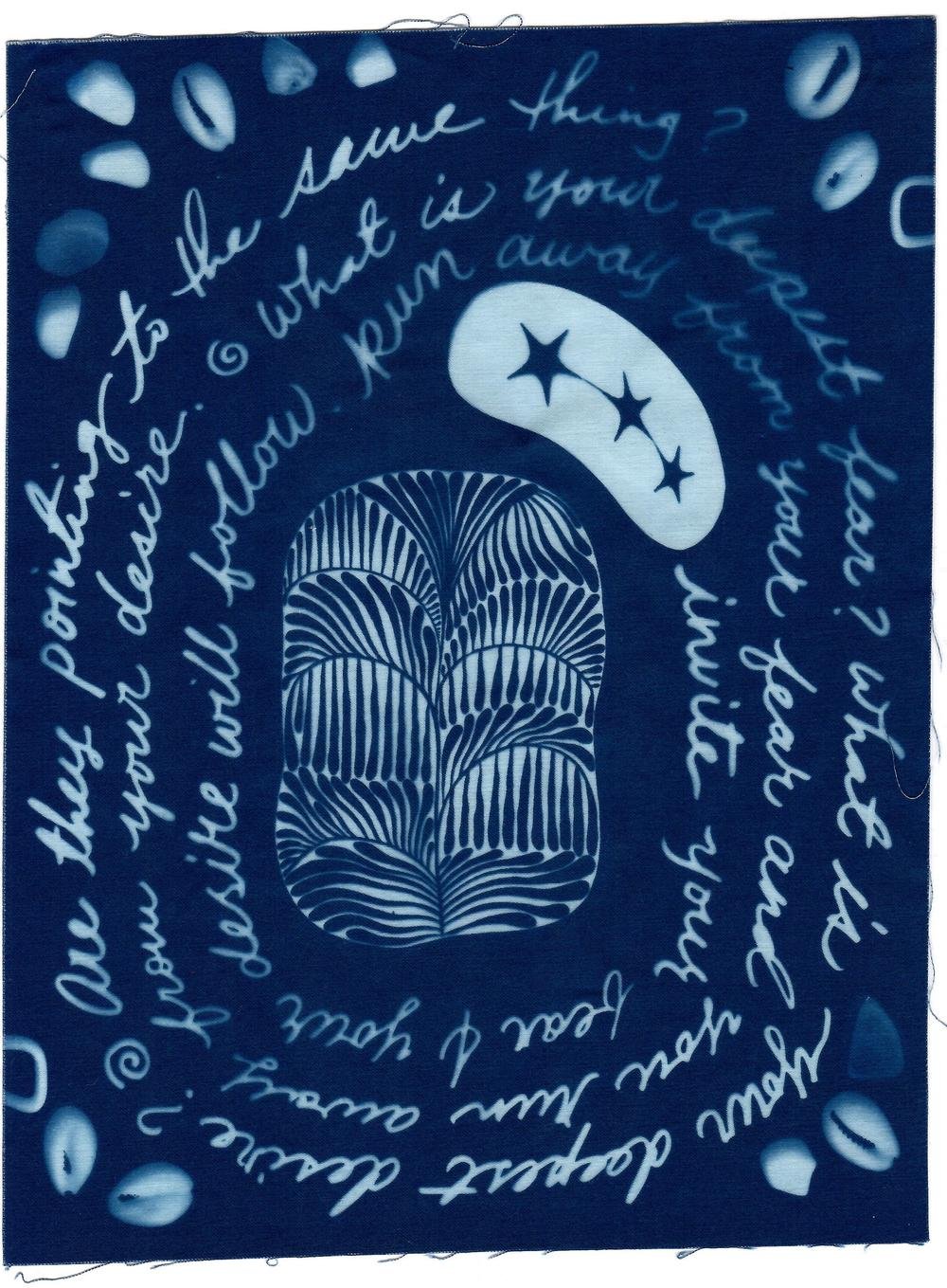Cyanotype photogram by Schessa Garbutt, "Fear/Desire", 2026.
