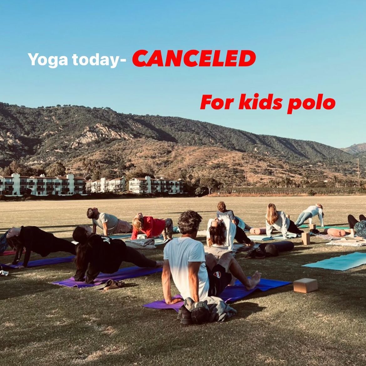 Hello everyone- yoga class will be canceled today. My 3 kids are playing in a kids tournament at the same time. Hope to see you tomorrow at 6:00 field 2 &hearts;️