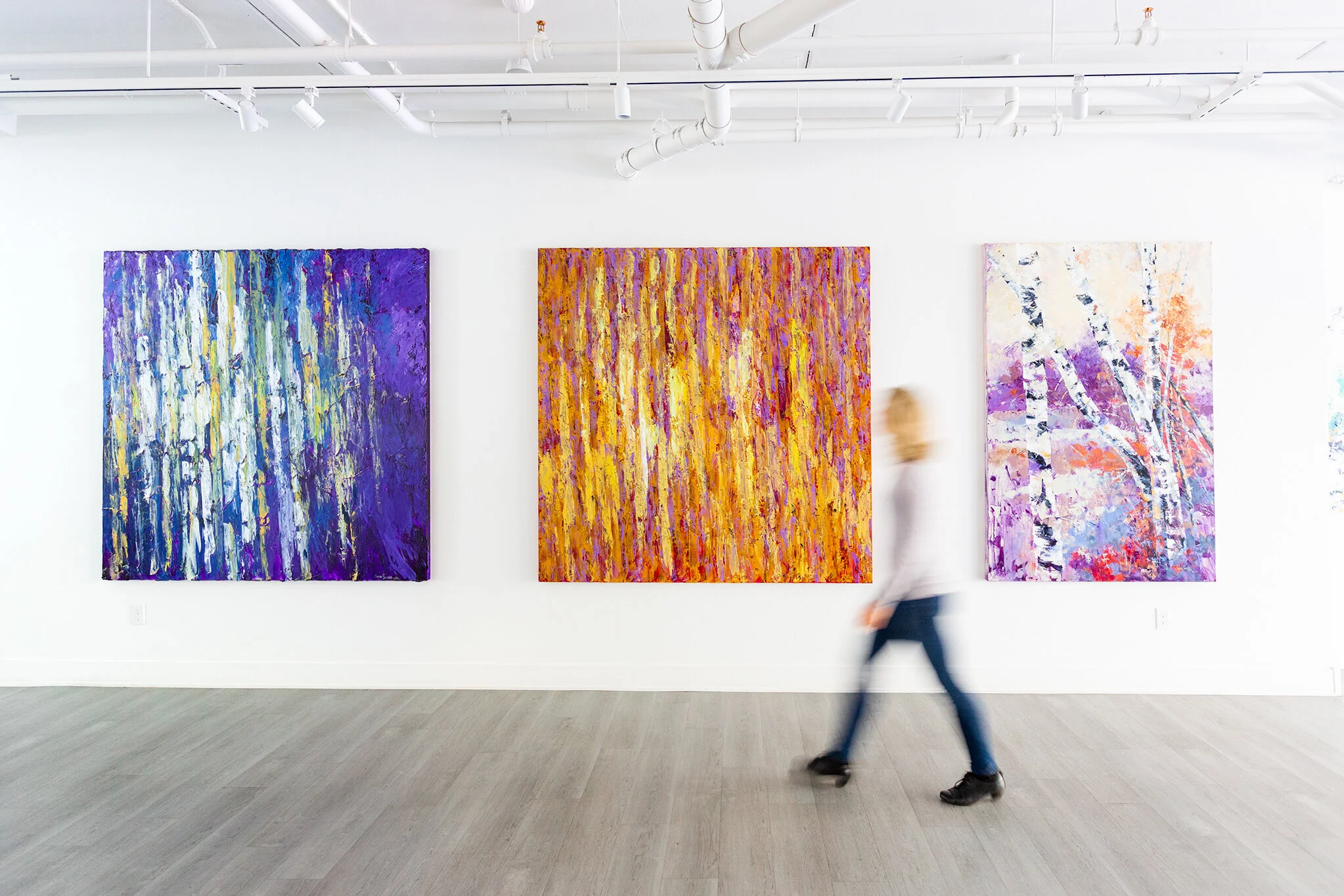 L-R: Secluded Woodland 6, Acrylic on linen, 72 x 72" 2019; Aspen Harvest, Acrylic on linen, 72 x 72" 2017; The Awakening, Acrylic on linen, 72 x 48" 2009