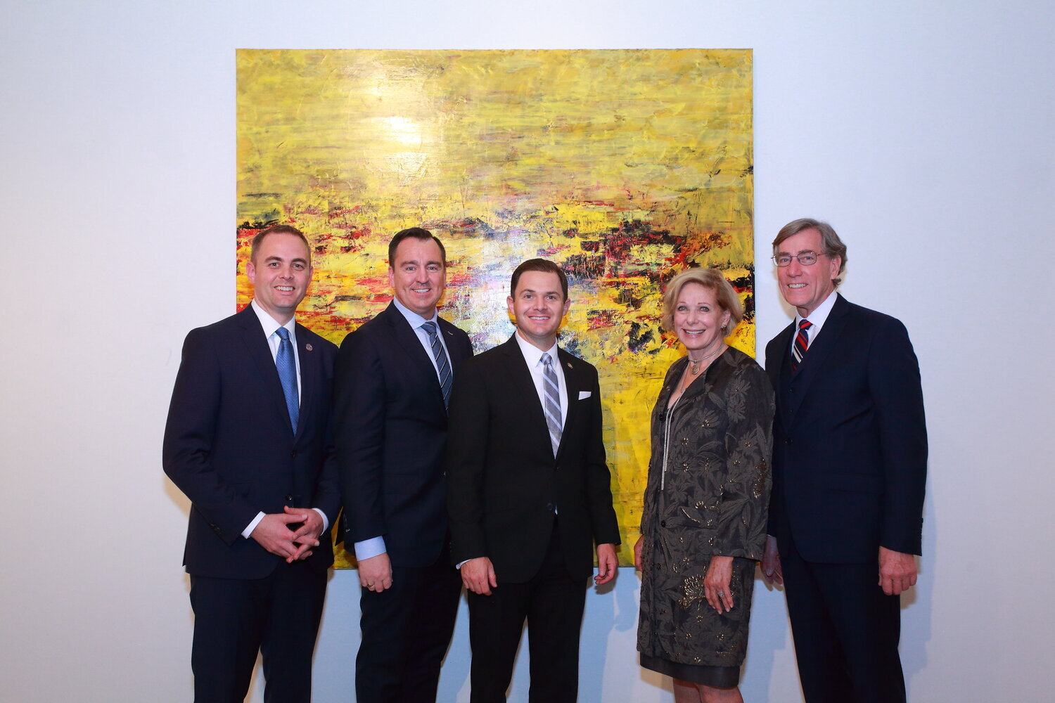 Miles Hansen, Gregory Hughes, Brad Herbert, Susan Swartz, and A. Scott Anderson pictured in front of Evolving Visions 3, a gift to CAFA from Zions Bank and the State of Utah
