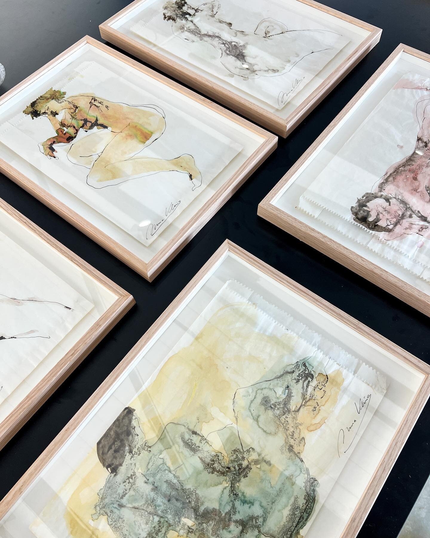 ARTWORK GROUPINGS
.
These gorgeous figurative watercolours have been painted on white paper bags and are so visually effective. We have floated and raised them in Tassie oak frames which adds to their delicate nature! 
This grouping will be a feature