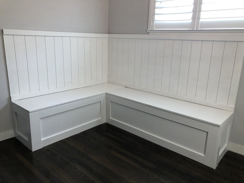 6. Prime and paint. We decided to add some shiplap above! Make sure to prime since we’re working with raw wood, and paint. We used ultra bright white by HGTV Sherwin Williams (straight off the shelf). We also added our baseboards back during this st…
