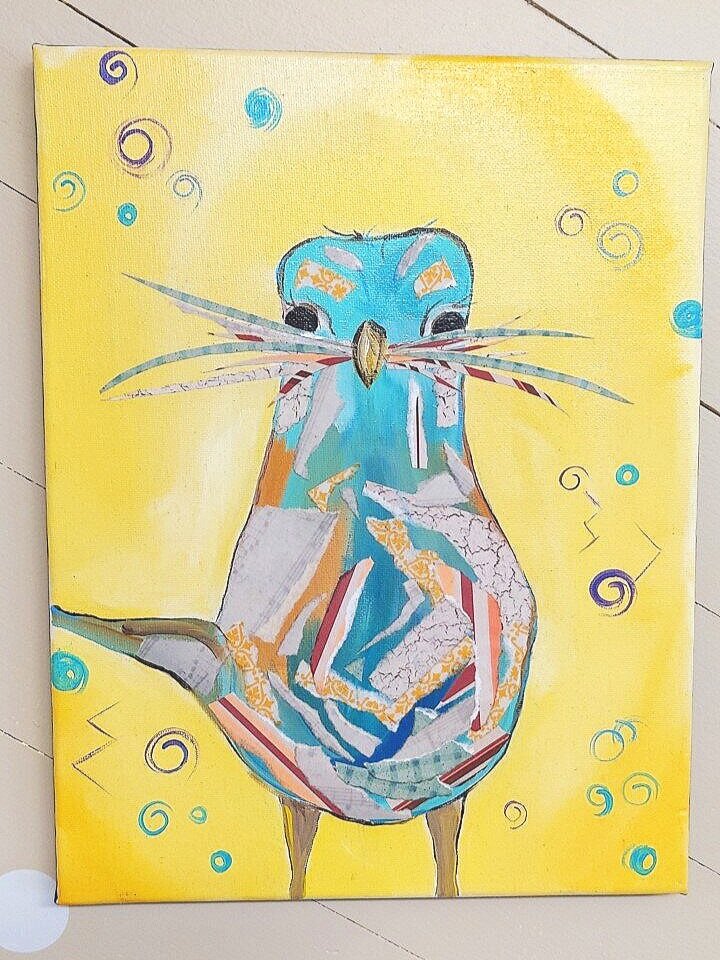 nesting blue bird mixed media painting for sale gina reese of gina marie's art studio boerne san antonio texas hill country kids art studio