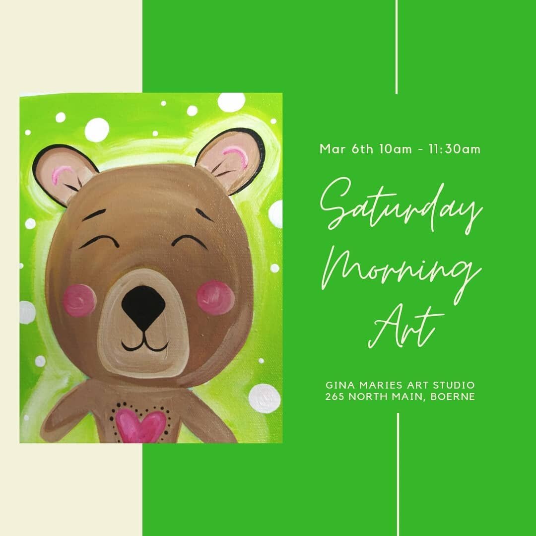 Saturday Morning Art ... March 6th is this cute little bear !!! Suitable for ages 4 and up ! 🐻🐻🐻
.
.
Sign-up is on our website ! 
.
.
#ginamariesart #saturdaymorningart #bear #bearart #hillcountrymile #visitboerne @visitboerne #boernekids #boernet