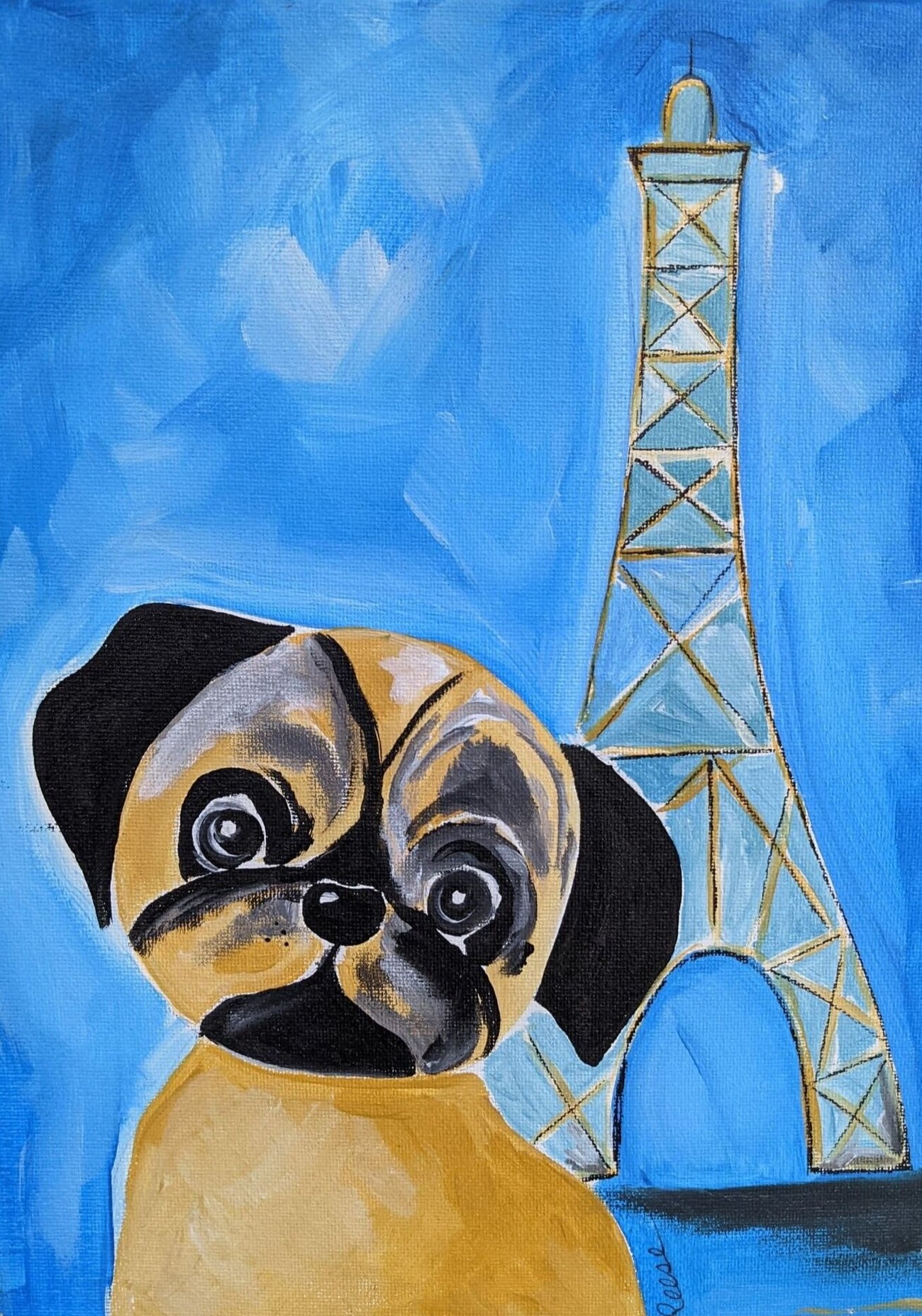 Pug in Paris original painting by Gina Reese of Gina Marie's Art Studio in Boerne, Texas | Pug in front of Eiffel Tower