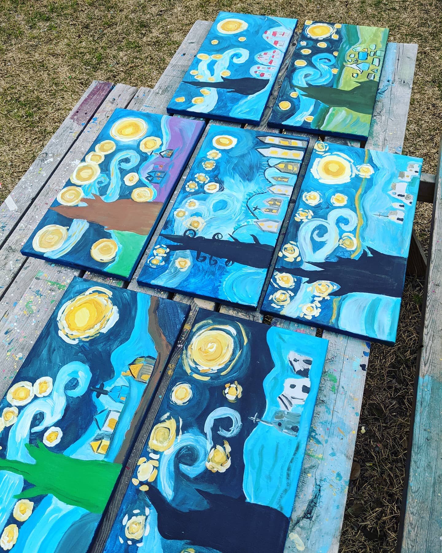 Starry Night Camp !  And the sweetest part is that the oldest camper in the class was 9 years old ! So ... they are incredible works of art ! ⭐⭐⭐⭐⭐
.
#childhoodkeepsakes 
.
.
#ginamariesart #vangogh #springbreakartcamp #springbreak2021 #childrensarts