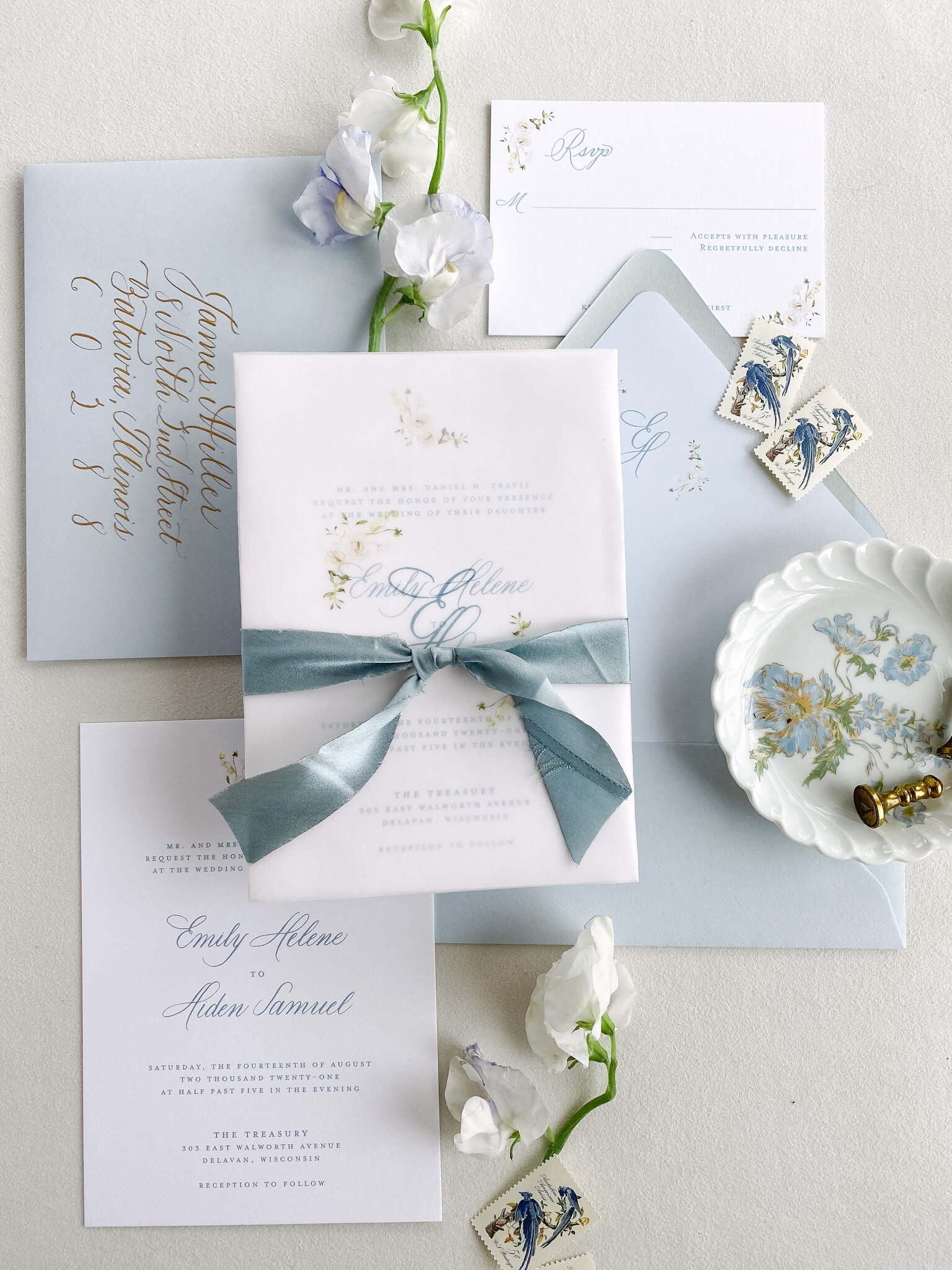 Romantic Ribbon Wedding Invitations in Dusty Blue