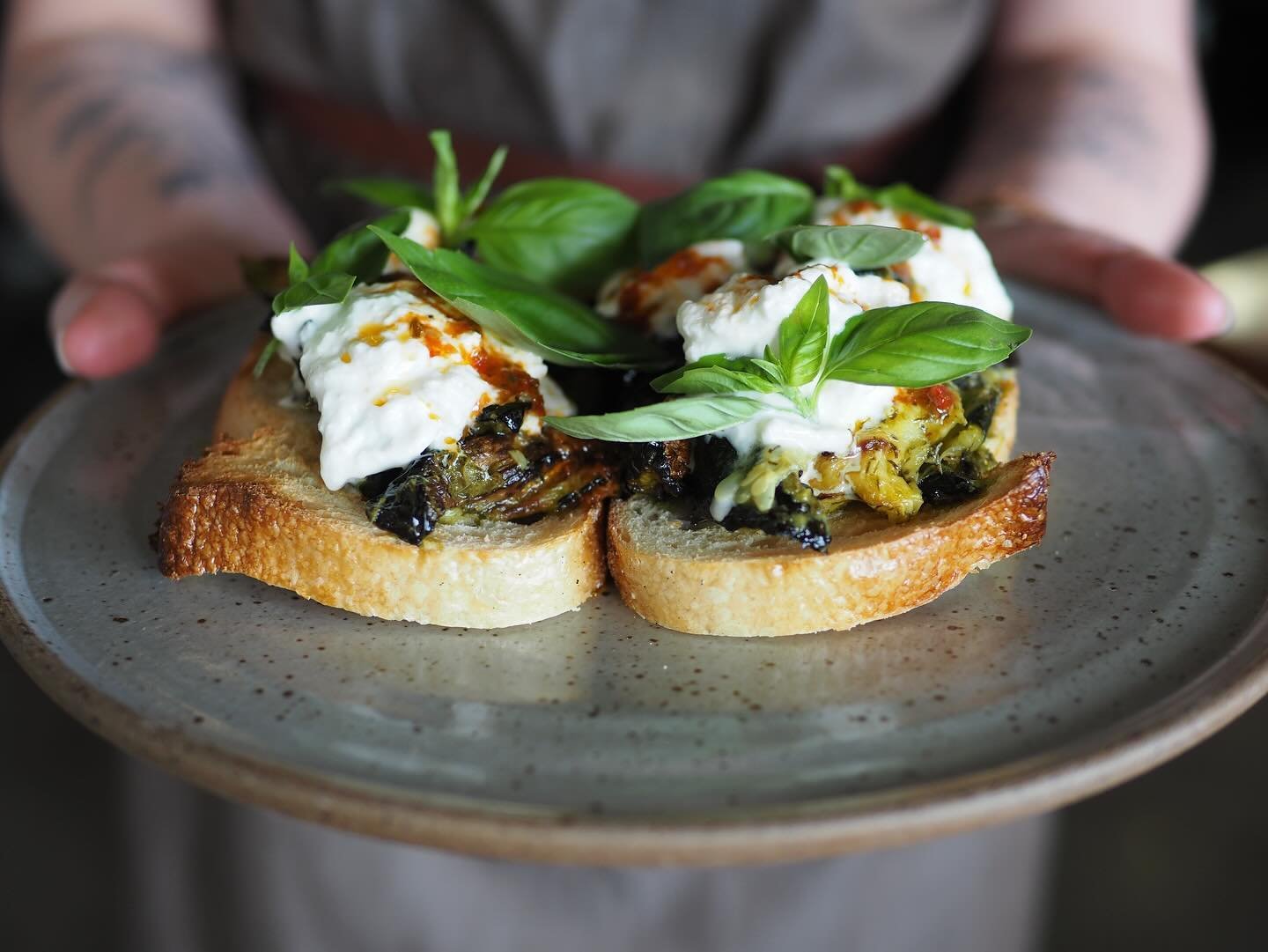 &bull; roasted zucchini &amp; stracciatella on toast, chilli oil, basil &bull; 

A few new menu items available at our cafe