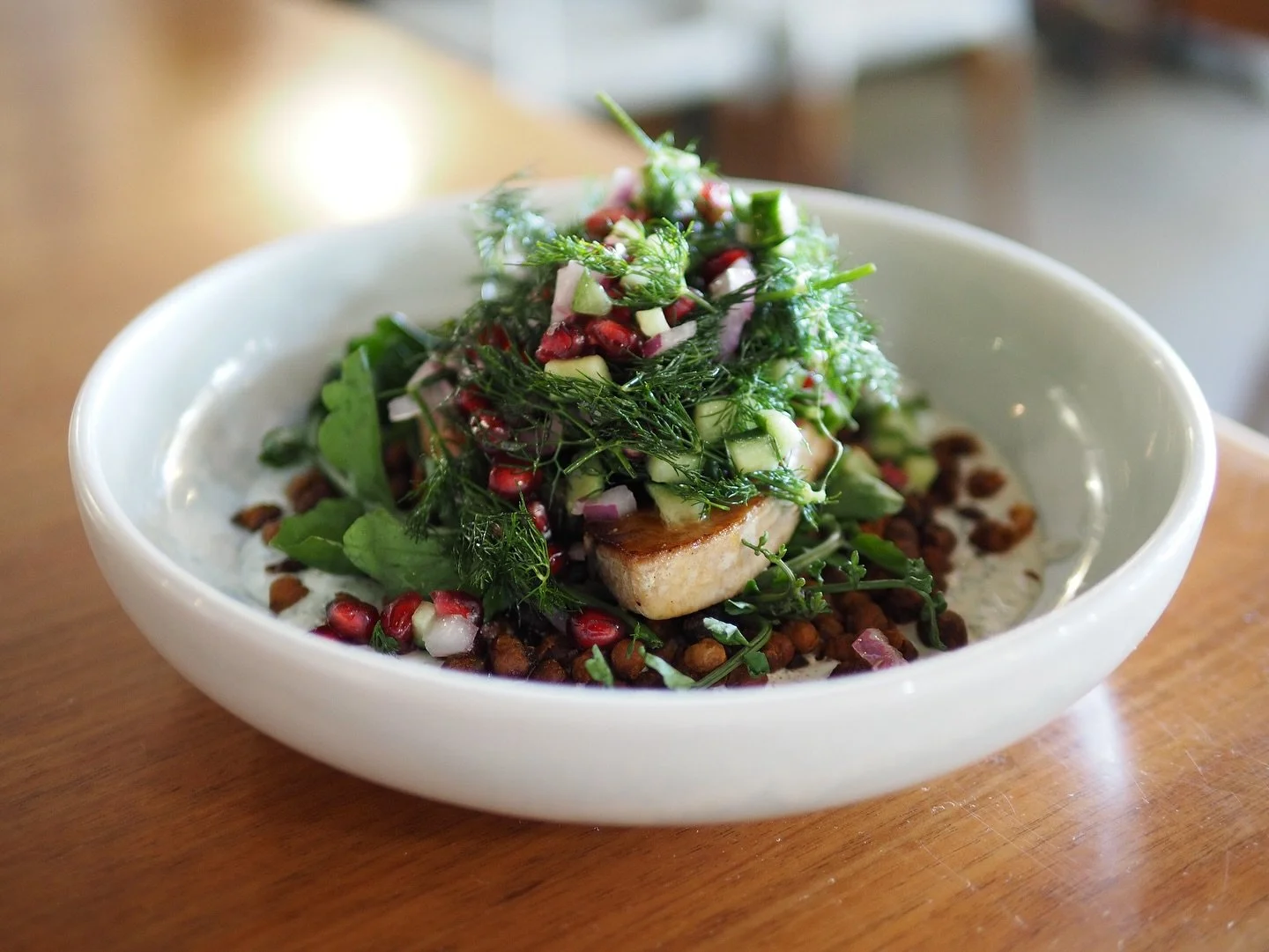 &bull; grilled swordfish, chickpeas, dill tahini, cucumber &amp; pomegranate salad &bull; 

#jervisbay #huskisson #shoalhaven #shoalhaventourism