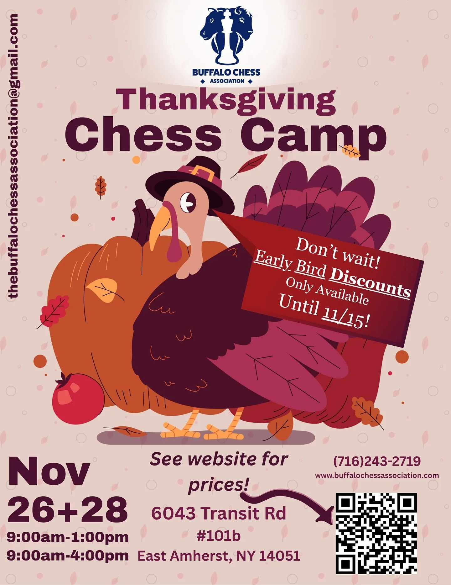 Thanksgiving Chess Camp is right around the corner! Join us on November 26th and 28th for unique chess lessons, open chess play, new chess variants, and more! Half and full day camps are available. Visit our website for more info, and to secure your 