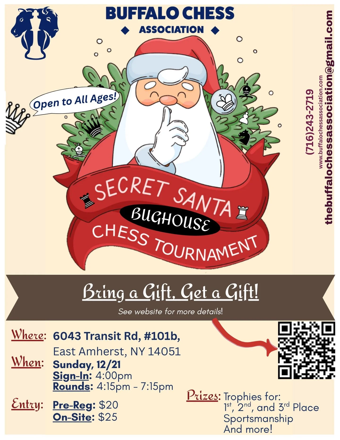 Join us for a team chess tournament for players of all ages, where everyone will get a gift!

Visit our website for more details and to sign up: https://www.buffalochessassociation.com/events/secretsantatourny-sjt3e 
&mdash;
♟️
Buffalo Chess Associat