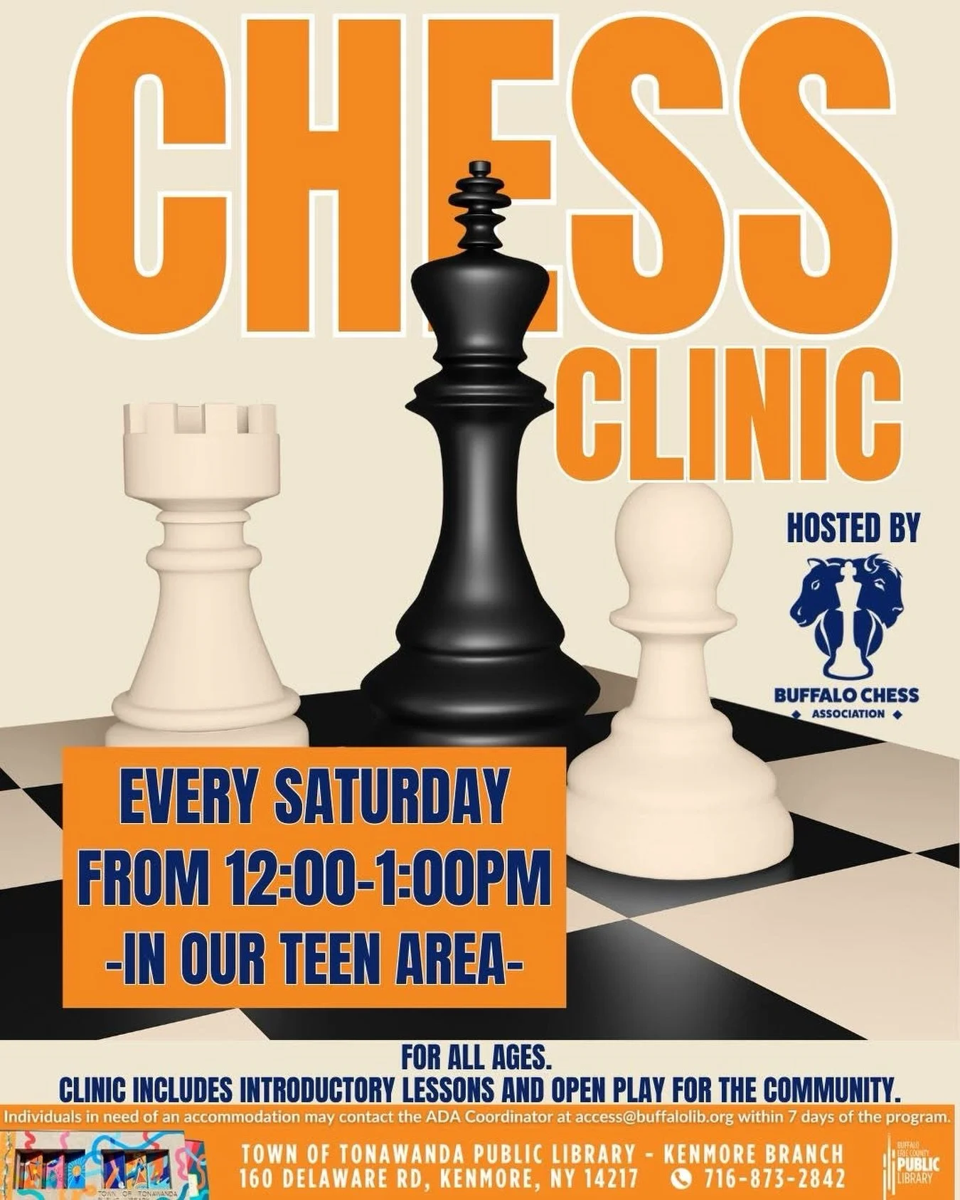Our first Chess Clinic at the Kenmore Library @kenmorelibrary was a hit! Join us on Saturdays, where we&rsquo;ll provide introductory lessons and open play for all ages. No registration is required.

Per the library, individuals in need of an accommo